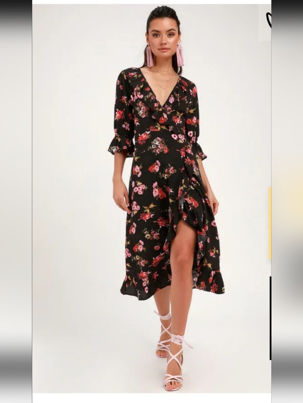 Black Floral Wrap Midi Dress